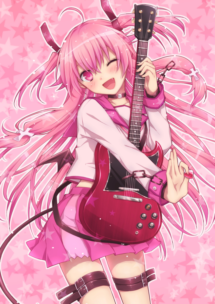 ;d angel_beats! bad_id bad_pixiv_id fang guitar highres instrument long_hair natsu_natsuna one_eye_closed open_mouth pink pink_background pink_eyes pink_hair plectrum school_uniform serafuku shinda_sekai_sensen_uniform smile solo two_side_up yui_(angel_beats!)