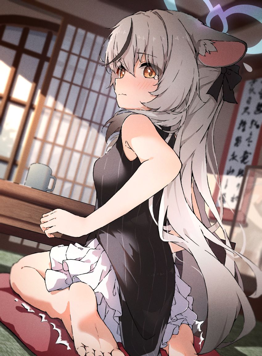 1girl absurdres animal_ears barefoot black_dress blue_archive blue_halo blush china_dress chinese_clothes commentary_request cushion dress grey_hair halo highres indoors kokona_(blue_archive) long_hair moru_(moru20000) multicolored_hair pelvic_curtain seiza sitting sleeveless sleeveless_dress soles streaked_hair striped_clothes striped_dress tatami tears tiger_ears tiger_girl toes trembling_legs vertical-striped_clothes vertical-striped_dress