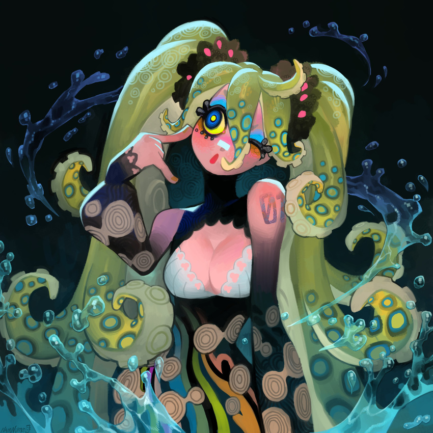 1girl :o absurdres alternate_species bandaid bandaid_on_face bandaid_on_nose black_dress black_scrunchie blonde_hair blue-ringed_octopus blue_eyes blue_eyeshadow blush breasts cleavage cleavage_cutout clothing_cutout colored_sclera commentary dress english_commentary eyeshadow finger_to_cheek fingernails green_hair hair_between_eyes hair_ornament hair_scrunchie hand_up hatsune_miku highres large_breasts long_eyelashes long_hair long_sleeves looking_to_the_side makeup mole mole_under_eye monster_girl multicolored_dress multicolored_hair nail_polish namnums number_tattoo one_eye_closed parted_lips rouge_(makeup) scrunchie see-through_clothes see-through_sleeves shoulder_tattoo suction_cups tattoo tentacle_girl tentacle_hair twintails two-tone_hair upper_body very_long_hair vocaloid water yellow_nails yellow_pupils yellow_sclera