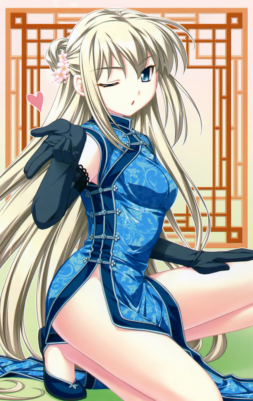 ;o blonde_hair blue_dress blue_eyes china_dress chinese_clothes dress elbow_gloves gloves hair_bun hanagusuku_atori hands heart highres legs long_hair looking_at_viewer no_panties no_socks one_eye_closed one_knee rui_wa_tomo_wo_yobu saeki_hokuto scan shoes solo thighs very_long_hair