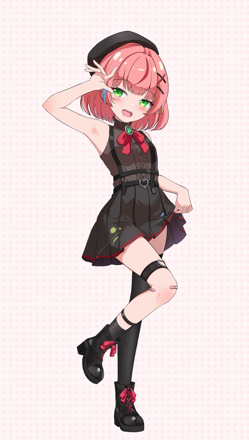 1girl absurdres armpits asymmetrical_legwear bandaid bandaid_on_knee bandaid_on_leg belt beret black_belt black_boots black_hat black_skirt black_socks black_thighhighs block_heels blush boots bow bowtie brooch center_frills clothes_lift commentary_request frilled_shirt frills gimhyeo09366967 green_eyes grey_shirt hair_ornament hairclip hanako_nana hand_up hat heart heart_o-ring high_heel_boots high_heels highres jewelry korean_commentary leg_up lifting_own_clothes miniskirt multicolored_hair o-ring o-ring_thigh_strap open_mouth paint_on_clothes paint_splatter pleated_skirt polka_dot polka_dot_background red_bow red_bowtie shirt single_thighhigh skirt skirt_lift sleeveless sleeveless_shirt smile socks solo standing standing_on_one_leg stellive streaked_hair suspenders thigh_strap thighhighs virtual_youtuber white_background wispy_bangs x_hair_ornament