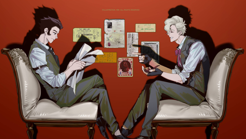 2boys absurdres armchair bad_source black_gloves black_hair black_necktie blonde_hair chair closed_eyes closed_mouth collared_shirt crossed_legs fingerless_gloves from_side gloves green_pants green_vest highres holding holding_newspaper holding_paper long_sleeves male_focus multiple_boys necktie newspaper original pants paper profile pulppunk001 reading red_background shirt shoes short_hair sitting sleeves_rolled_up smile source_request vest white_shirt