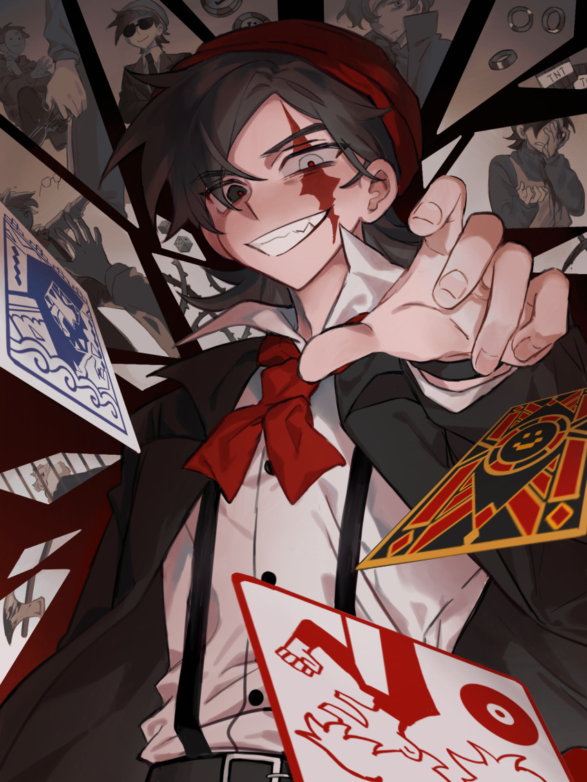 5boys animification apron axe beanie belt black_belt black_eyes black_hair black_jacket cameo card commentary dice dream_(youtuber) dream_smp english_commentary explosive flipped_hair furry furry_male grin hat heterochromia highres jacket jewelry kafei146 long_sleeves male_focus minecraft minecraft_youtube multiple_boys multiple_views necktie official_alternate_costume open_clothes open_jacket outstretched_hand pig_boy playing_card poker_chip quackity red_hat red_necktie red_pupils ring ringed_eyes scar scar_across_eye scar_on_face scene_reference shirt short_hair slimecicle smile solo_focus sunglasses suspenders sword technoblade tnt tnt_block_(minecraft) tommyinnit upper_body weapon wedding_ring white_eyes white_shirt wilbur_soot