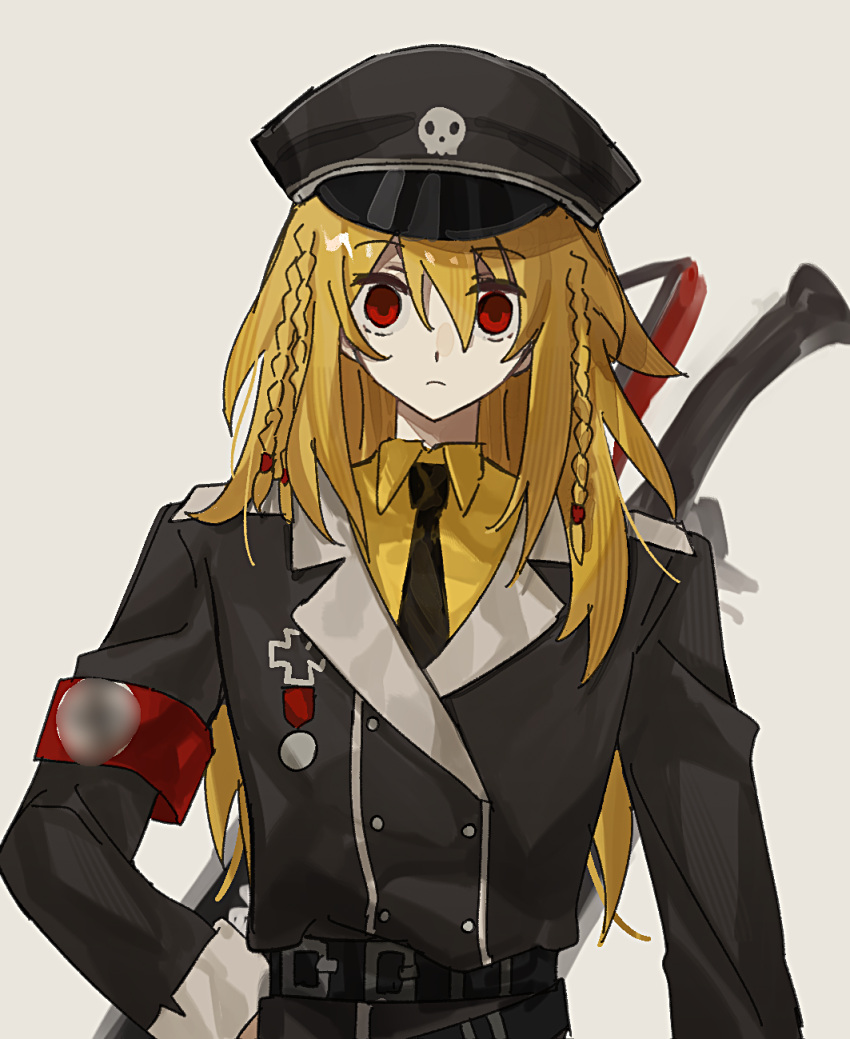 1boy anonymous1203 armband belt black_belt black_hat black_jacket black_necktie blonde_hair censored_symbol chinese_commentary closed_mouth collared_shirt commentary_request cosplay cross empty_eyes epic_battle_fantasy expressionless hand_on_own_hip hat highres iron_cross jacket lance_(epic_battle_fantasy) lance_(epic_battle_fantasy)_(cosplay) long_hair long_sleeves looking_at_viewer male_focus matt_(epic_battle_fantasy) military_dress_uniform military_uniform nazi necktie red_armband red_eyes shirt simple_background solo straight-on totenkopf upper_body weapon weapon_on_back white_background yellow_shirt