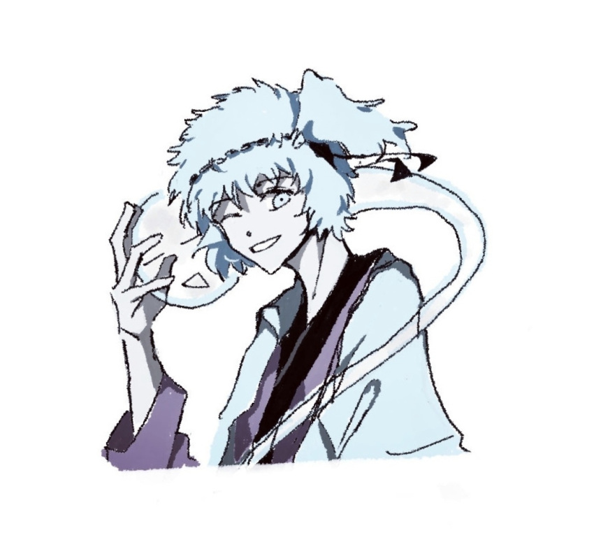 1other androgynous black_headband blue_eyes blue_hair blue_jacket chinese_commentary commentary_request cropped_torso dot_nose english_commentary fujiwara_no_iyozane ghost_(len'en) grin hachimaki haori happy headband hitodama jacket jacket_on_shoulders japanese_clothes kimono len'en long_sleeves looking_at_viewer messy_hair mixed-language_commentary one_eye_closed one_side_up other_focus pale_skin petting purple_kimono short_hair simple_background smile solo soobsi white_background