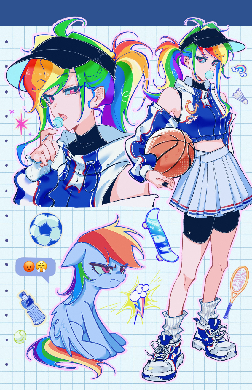1girl absurdres alternate_skin_color angry angry_face_emoji arm_at_side ball basketball_(object) black_hat black_shirt black_shorts blowing_bubble_gum blue_jacket bottle chanyue chewing_gum chinese_commentary commentary_request creature_and_personification cropped_jacket cutie_mark detached_sleeves ear_piercing emoji full_body grid_background half-closed_eye hand_up hat highres hood hood_down hooded_jacket horseshoe_ornament horseshoe_print jacket jitome long_hair looking_at_viewer multicolored_hair multiple_views my_little_pony my_little_pony:_friendship_is_magic open_mouth outline pegasus personification piercing pink_eyes pink_outline pleated_skirt ponytail racket rainbow_dash rainbow_hair shirt shoes shorts shorts_under_skirt simple_background sitting skateboard skirt sleeveless sleeveless_jacket sleeveless_shirt sneakers soccer_ball socks speech_bubble standing swept_bangs tennis_ball tennis_racket tongue_piercing turtleneck visor_cap water_bottle white_background white_shoes white_skirt white_socks wings
