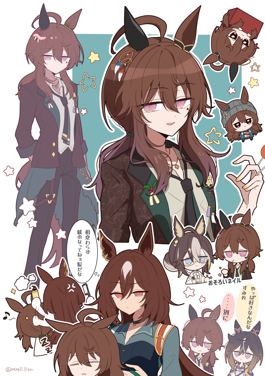 4girls :< :d =_= absurdres ahoge angry animal_ears beanie black_choker black_jacket black_necktie black_pants blue_eyes blue_jacket brown_hair chibi chibi_inset choker closed_mouth coat collared_shirt colored_inner_animal_ears comb commentary_request dream_journey_(snow-white_dreamland)_(umamusume) dream_journey_(umamusume) dress ear_covers ear_ornament ears_through_headwear eighth_note eyewear_strap feathers glasses green_jacket grey_hat grey_shirt hair_between_eyes hair_bun hair_spray hairdressing hat highres holding holding_comb holding_spray_can holly horse_ears horse_girl jacket jewelry long_hair long_sleeves looking_at_viewer multicolored_hair multiple_girls multiple_views musical_note nakayama_festa_(festival_game)_(umamusume) nakayama_festa_(shichuukyuukatsu)_(umamusume) nakayama_festa_(umamusume) necklace necktie official_alternate_costume open_clothes open_jacket pants purple_eyes rere_tu2 shirt sidelocks single_ear_cover sirius_symboli_(feroce)_(umamusume) sirius_symboli_(umamusume) smile spray_can star_(symbol) stay_gold_(sunlit_outsider)_(umamusume) stay_gold_(umamusume) streaked_hair translation_request two-tone_hair umamusume untucked_shirt white_dress white_hair x_navel yellow_coat yellow_nails