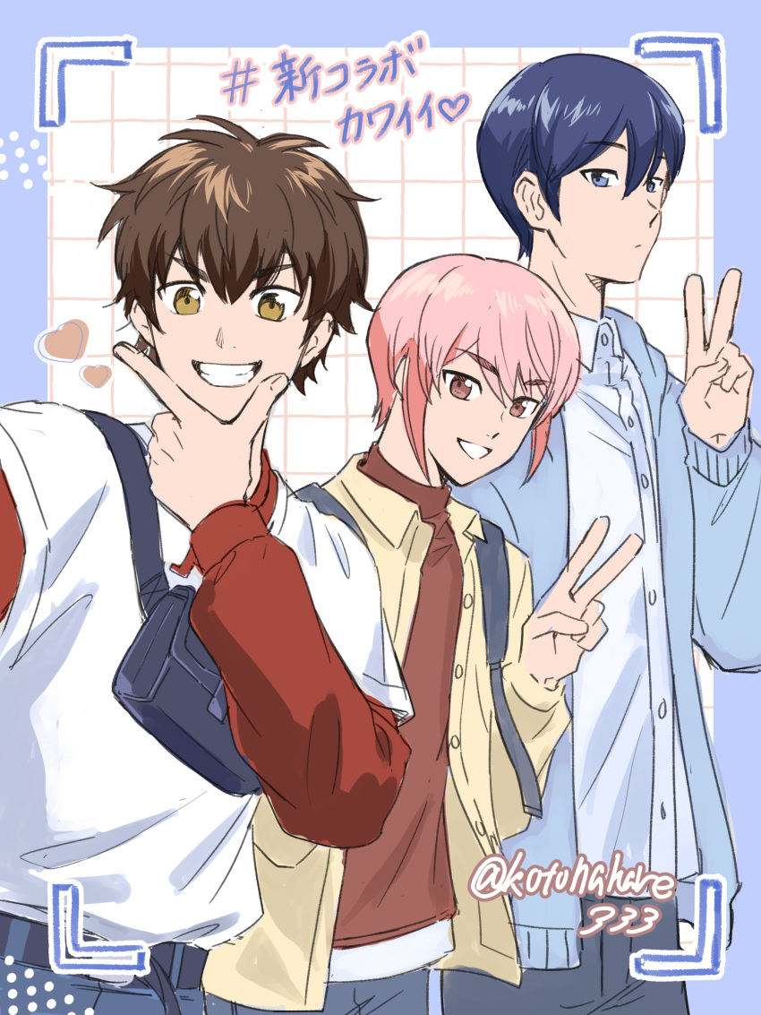 3boys ace_of_diamond belt black_belt black_hair black_pants blue_border blue_eyes border brown_eyes brown_hair brown_shirt closed_mouth collared_shirt commentary_request fanny_pack furuya_satoru grid_background grin hand_on_own_chin hashtag heart height_difference highres kominato_haruichi kusatakesi layered_sleeves long_sleeves male_focus multiple_boys outside_border pants pink_hair red_shirt sawamura_eijun shirt short_hair short_over_long_sleeves short_sleeves simple_background smile stroking_own_chin translation_request twitter_username unbuttoned v white_shirt