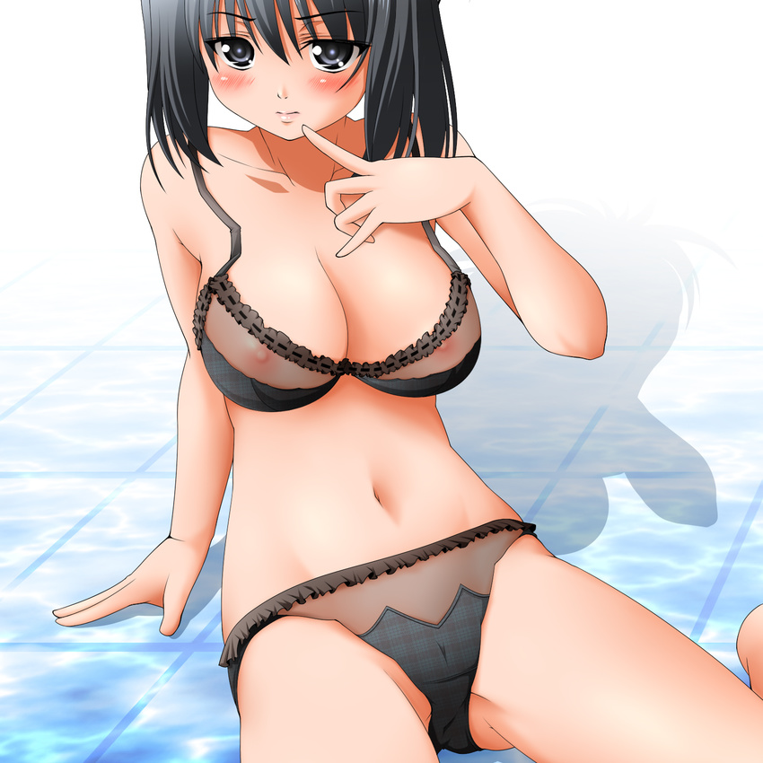 1girl artist_request black_bra black_eyes black_hair black_panties blush bra breasts female highres lingerie nipples original panties see-through short_hair sitting solo underwear underwear_only yua_(checkmate)