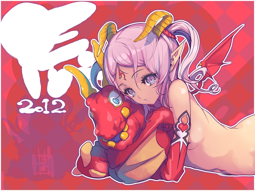 2012 akaga_hirotaka animal animal_hug checkered checkered_background chinese_zodiac curly_hair dark_skin demon_wings dragon dragon_girl dragon_horns dragon_wings elbow_gloves facial_mark forehead_mark gloves highres horns hug hug_from_behind lying markings monster_girl new_year nude on_stomach original pink pink_background pointy_ears purple_eyes purple_hair red red_background red_gloves slit_pupils solo twintails wallpaper wings year_of_the_dragon