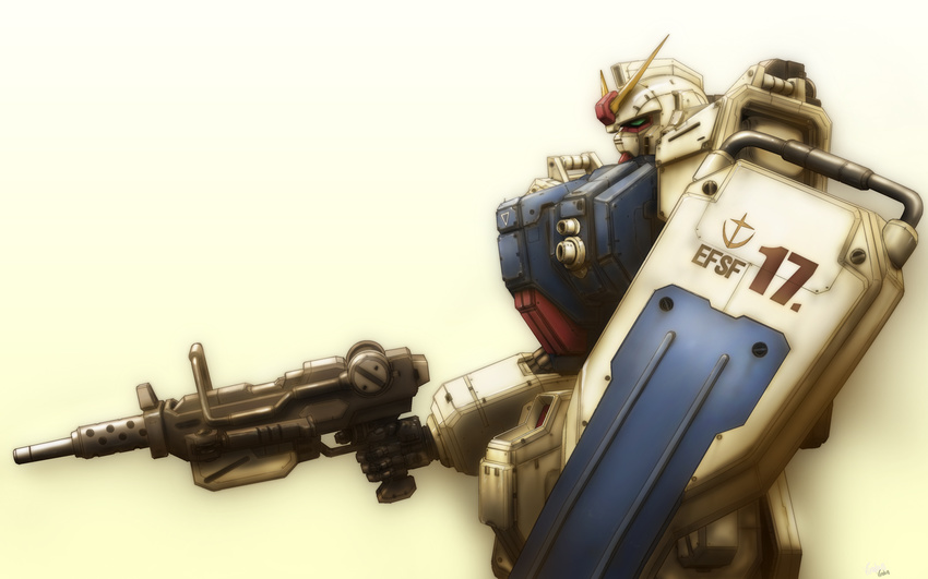 bad_pixiv_id ground_gundam gun gundam gundam_08th_ms_team highres machine_gun mecha no_humans shield signature simple_background solo viridian-c weapon