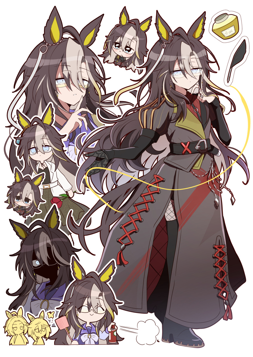 3girls absurdres ahoge animal_ears belt black_belt black_boots black_coat black_gloves black_hair blue_eyes boots bow bowtie brown_hair bug butterfly chibi closed_eyes closed_mouth coat commentary_request dream_journey_(reminder_of_dreamland)_(umamusume) dream_journey_(umamusume) ear_covers elbow_gloves eyewear_strap fishnets flower flyswatter glasses gloves green_skirt grey_skirt hair_between_eyes highres holding holding_flower horse_ears horse_girl horse_tail inkwell insecticide jacket lace lace_sleeves long_hair long_sleeves looking_at_viewer multicolored_hair multiple_girls orfevre_(umamusume) puffy_sleeves purple_sailor_collar purple_serafuku purple_shirt quill red_shirt rere_tu2 sailor_collar sailor_shirt school_uniform serafuku shaded_face shirt simple_background single_ear_cover single_glove skirt smile solo_focus stay_gold_(umamusume) tail thigh_boots tracen_school_uniform umamusume white_background white_belt white_bow white_bowtie white_hair white_jacket