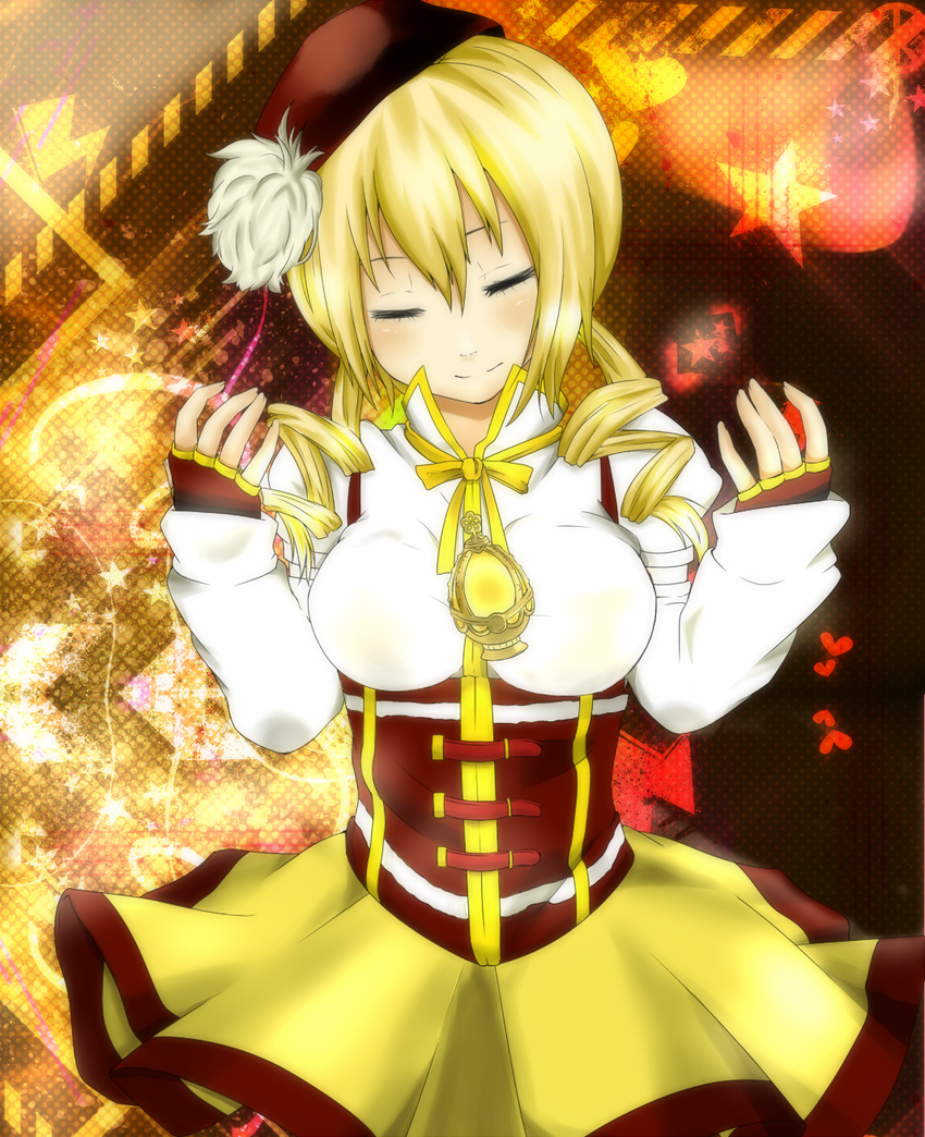 beret blonde_hair breasts closed_eyes colorized corset detached_sleeves drill_hair fingerless_gloves gloves hair_ornament hat highres jellylily large_breasts magical_girl mahou_shoujo_madoka_magica pleated_skirt puffy_sleeves ribbon shirt skirt smile solo soul_gem taut_clothes taut_shirt tomoe_mami yellow_eyes