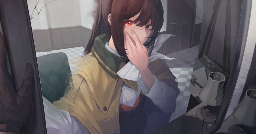 1girl absurdres brown_cape brown_eyes brown_gloves brown_hair cape checkered_floor covered_mouth covering_own_mouth door gloves hand_on_own_face hand_up heterochromia highres indoors lamp mirror neckerchief odecono3 ponytail red_eyes reflection reflection_focus reverse:1999 semmelweis_(reverse:1999) shirt single_glove solo upper_body white_neckerchief white_shirt