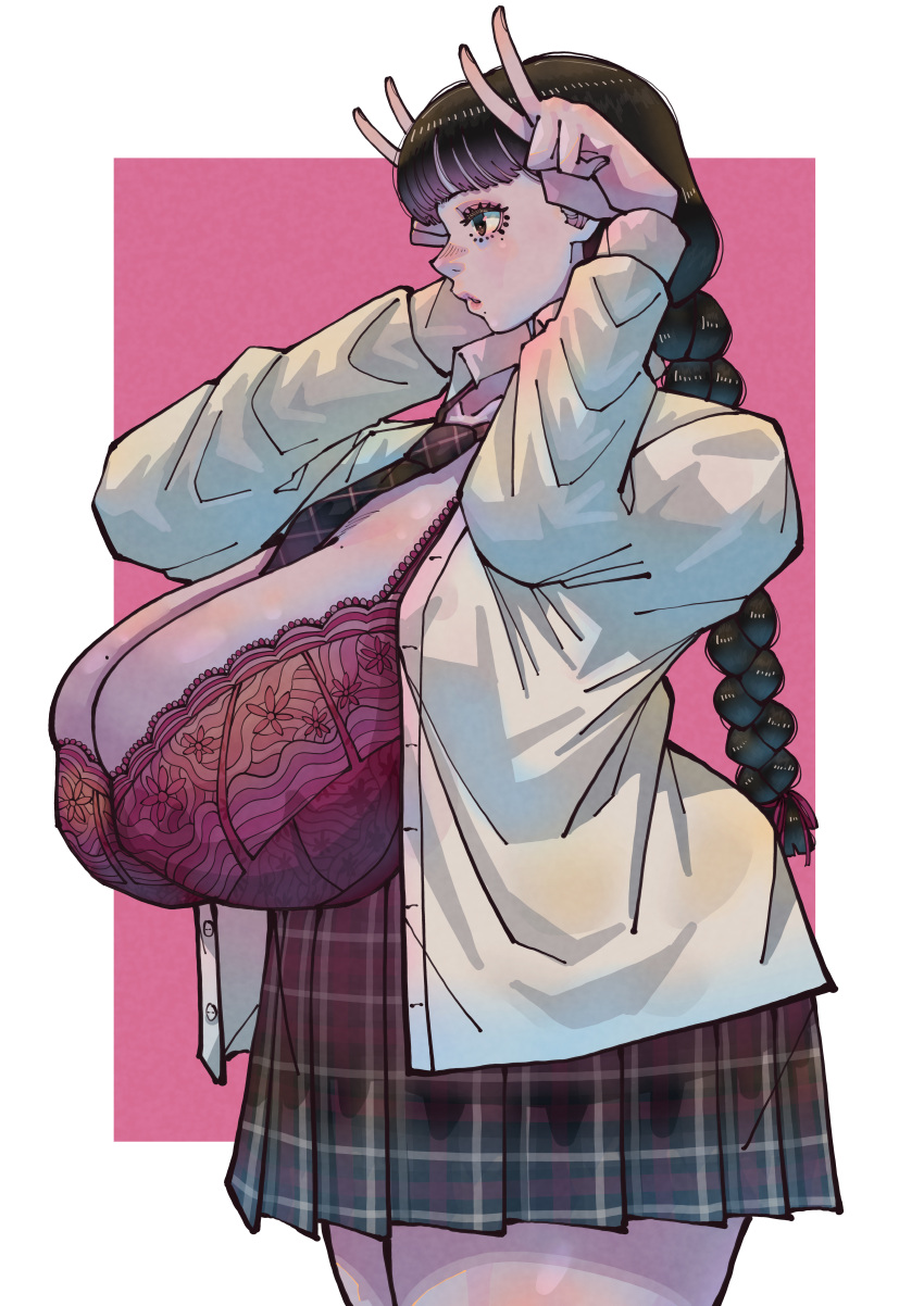 1girl absurdres black_eyes black_hair black_necktie black_skirt bra braid breasts choppy_bangs collared_shirt commentary_request cowboy_shot double_v gigantic_breasts hands_up highres lace-trimmed_bra lace_trim lingerie long_hair long_sleeves mole mole_on_breast mole_under_eye necktie open_clothes open_shirt original overjav parted_lips pink_background plaid_clothes plaid_skirt pleated_skirt profile red_bra school_uniform shirt skirt solo underwear v white_shirt