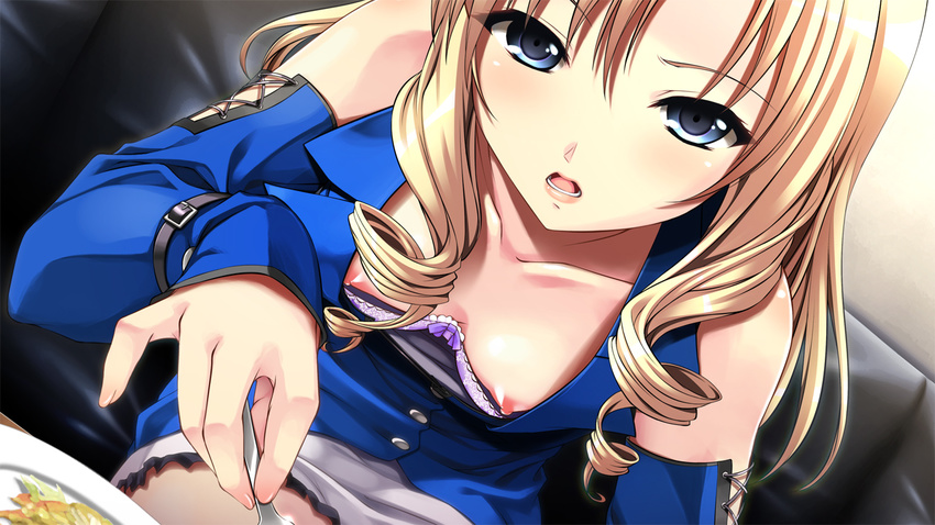 :o blonde_hair blue_eyes breasts close-up detached_sleeves downblouse drill_hair dutch_angle eating food game_cg indoors kedouin_eri long_hair nipple_slip nipples open_mouth saxasa_kisuk small_breasts solo yakin_byoutou yakin_byoutou_zero