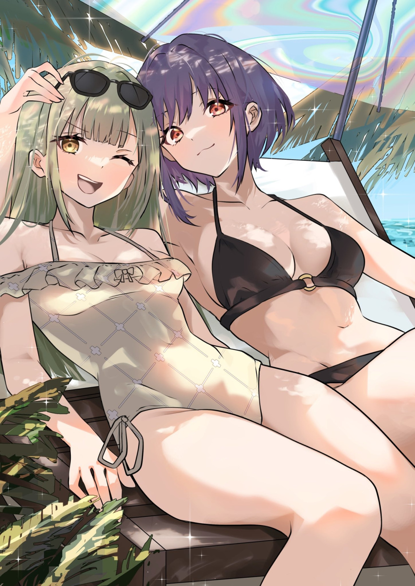 2girls ;d arm_around_shoulder arm_up arms_at_sides bang_dream! bang_dream!_it's_mygo!!!!! bare_arms bare_shoulders beach_umbrella bikini black-framed_eyewear black_bikini blunt_bangs breasts casual_one-piece_swimsuit chair closed_mouth collarbone commentary_request cowboy_shot day eyewear_on_head frilled_one-piece_swimsuit frills green_hair groin halterneck hand_on_another's_head heads_together highres horizon houji_tea_latte long_hair looking_at_viewer lounge_chair medium_breasts mortis_(bang_dream!) mortis_(persona)_(bang_dream!) multiple_girls navel o-ring o-ring_bikini o-ring_top ocean on_chair one-piece_swimsuit one_eye_closed open_mouth orange_eyes outdoors palm_tree plant purple_hair reclining short_hair side-by-side side-tie_one-piece_swimsuit simple_background smile sparkle stomach sunglasses swimsuit teeth transparent transparent_umbrella tree tree_shade umbrella upper_teeth_only wakaba_mutsumi water yellow_eyes yuutenji_nyamu
