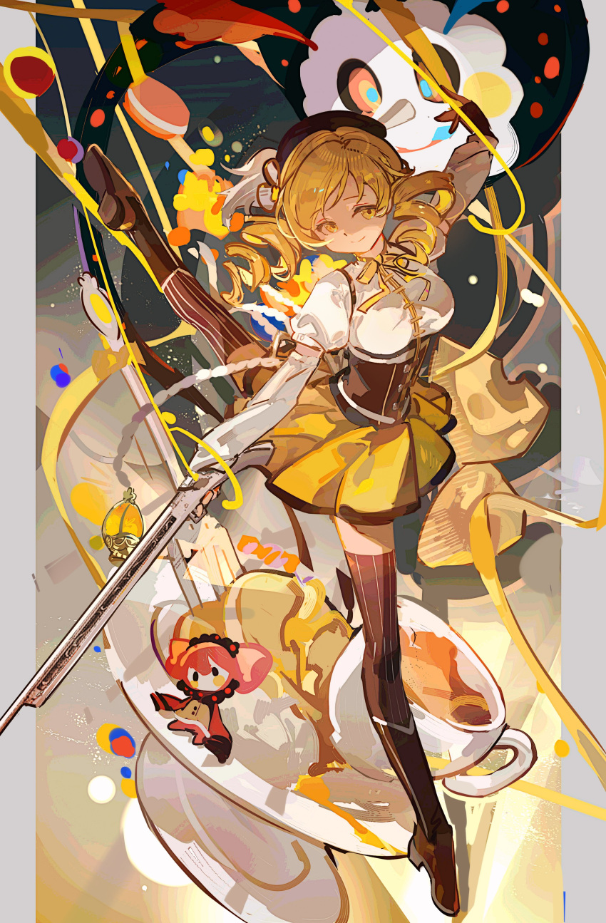 1girl absurdres arabesque_(pose) arm_up beret black_boots black_corset black_gloves black_hat black_trim blonde_hair boots border bow breasts brown_thighhighs charlotte_(madoka_magica) closed_mouth corset cup detached_sleeves drill_hair en_pointe facing_viewer familiar_(madoka_magica) fingerless_gloves food gloves gun hair_ornament hat highres holding holding_gun holding_weapon leg_up long_hair looking_at_another magical_girl magical_musket_(madoka_magica) mahou_shoujo_madoka_magica mahou_shoujo_madoka_magica_(anime) mami_mogu_mogu mento multicolored_eyes outside_border outstretched_arm outstretched_arms pancake plate pleated_skirt puffy_short_sleeves puffy_sleeves pyotr_(madoka_magica) ribbon short_sleeves sideways_glance skirt smile smiley_face soul_gem spread_arms striped_clothes striped_thighhighs tea teacup thighhighs tomoe_mami tomoe_mami_(magical_girl) twin_drills twintails vertical-striped_clothes vertical-striped_thighhighs weapon white_border white_sleeves witch_(madoka_magica) yellow_bow yellow_eyes yellow_ribbon yellow_trim