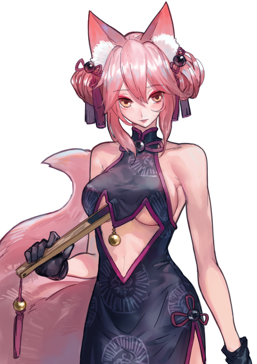 1girl absurdres animal_ears bare_shoulders black_gloves breasts center_opening china_dress chinese_clothes cowboy_shot dress eyebrows_visible_through_hair fan fate/grand_order fate_(series) fox_ears fox_tail gloves highres holding jun_(5455454541) koyanskaya large_breasts looking_at_viewer pink_hair short_hair side_slit simple_background solo standing tail tamamo_(assassin)_(fate) tamamo_(fate)_(all) underboob white_background yellow_eyes