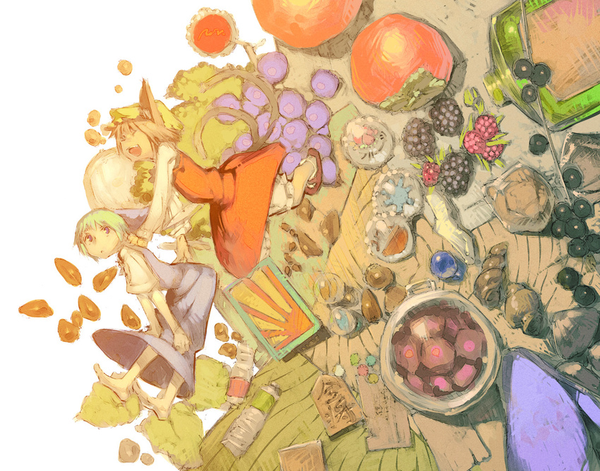 animal_ears bad_id bad_pixiv_id barefoot blackberry_(fruit) blue_eyes blueberry board_game bottle brown_hair cat_ears cat_tail chen chomoran cirno closed_eyes food fruit hands_on_own_knees hat multiple_girls multiple_tails open_mouth persimmon raspberry shell shougi tail touhou umeboshi wings