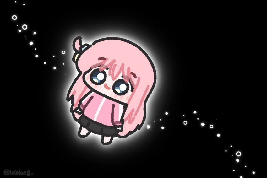 1girl black_background black_skirt blue_eyes bocchi_the_rock! chibi chibi_only closed_mouth commentary floating full_body gotoh_hitori jacket long_hair looking_at_viewer lulalang one_side_up pink_hair pink_jacket skirt solo space symbol-only_commentary twitter_username