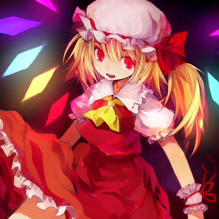 ascot blonde_hair blush flandre_scarlet hat looking_at_viewer open_mouth red_eyes ribbon short_hair side_ponytail skirt smile solo touhou wings wrist_cuffs yana_mori