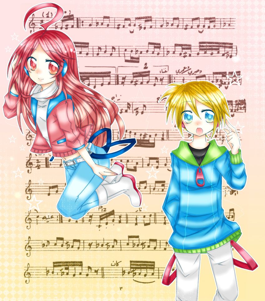 1girl blonde_hair blue_eyes highres kagamine_len long_hair musical_note red_eyes red_hair sf-a2_miki short_hair sorakase_sawa vocaloid