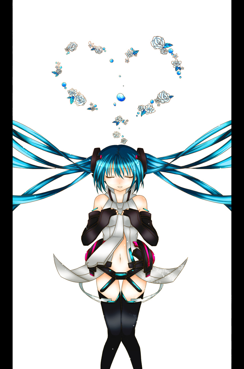 absurdres blue_flower blue_rose flower hatsune_miku hatsune_miku_(append) highres long_hair pillarboxed rose solo sorakase_sawa thighhighs vocaloid vocaloid_append