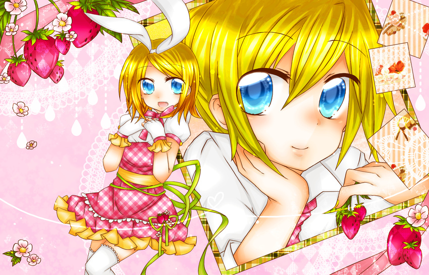 1girl blonde_hair blue_eyes brother_and_sister flower food fruit highres kagamine_len kagamine_rin ribbon short_hair siblings smile sorakase_sawa strawberry strawberry_blossoms twins vocaloid