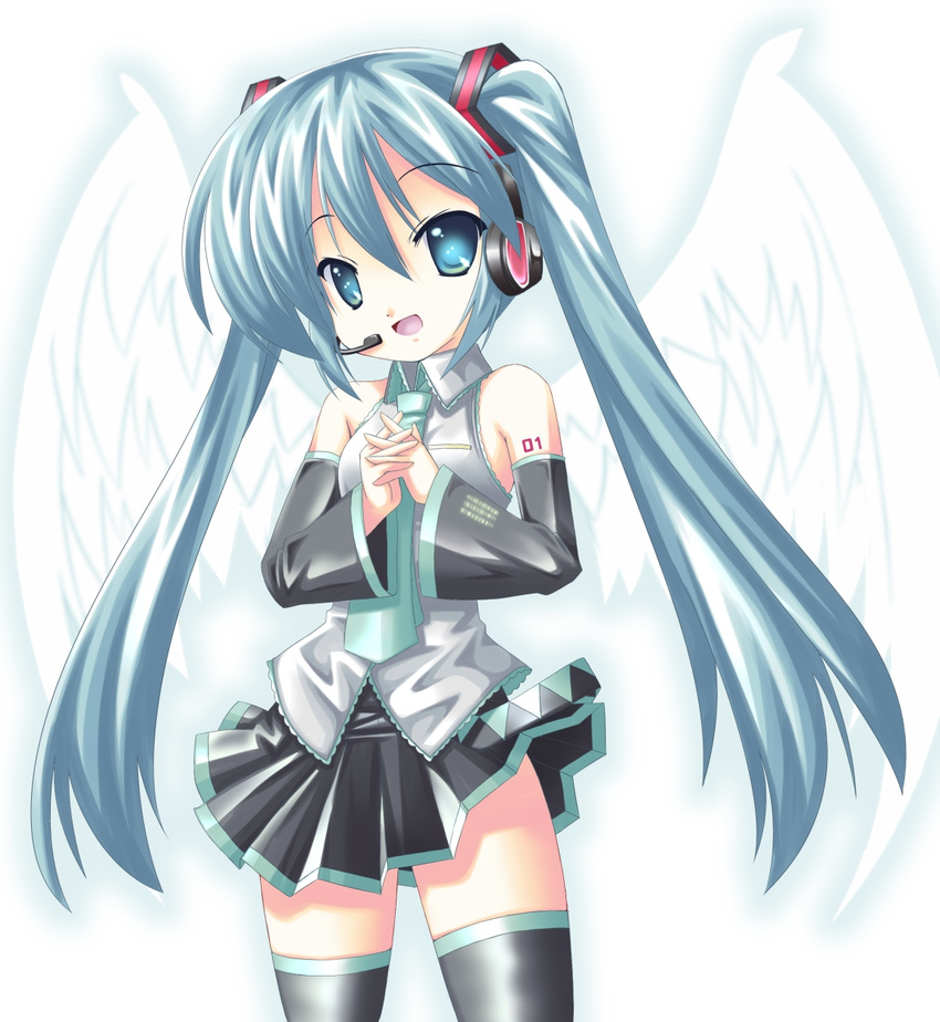 blue_eyes blue_hair hatsune_miku headphones highres long_hair skirt solo sumikaze thighhighs twintails vocaloid wings