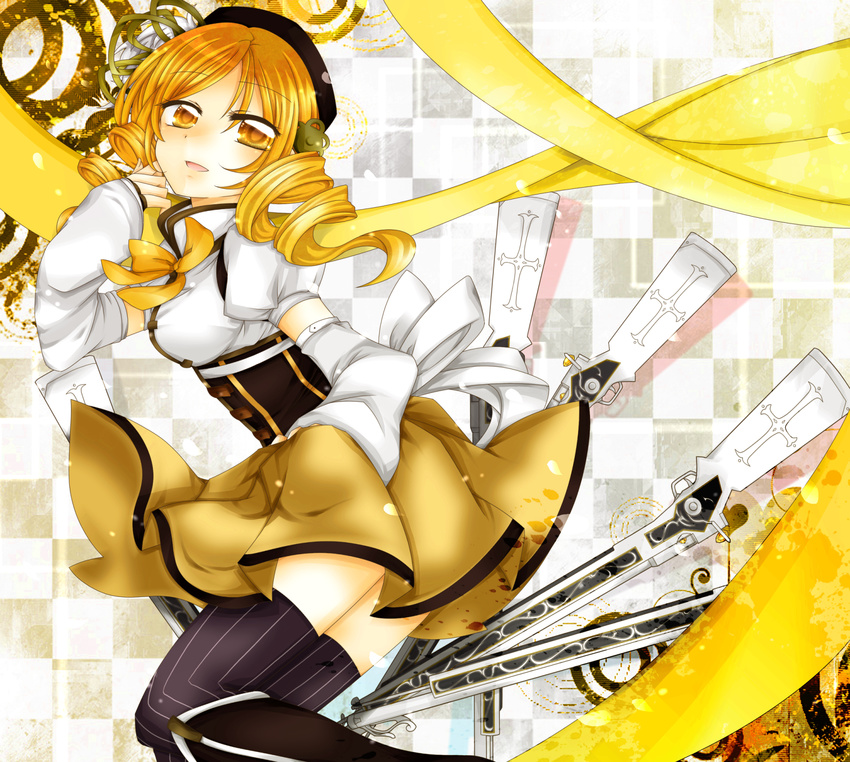 checkered checkered_background drill_hair gun hair_ornament hat highres long_hair magical_girl magical_musket mahou_shoujo_madoka_magica ribbon skirt smile solo sorakase_sawa thighhighs tomoe_mami twin_drills twintails weapon yellow_eyes