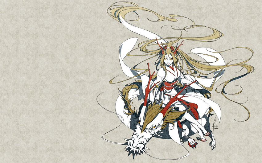 antlers bell braid copyright_request crossed_legs dragon flower hair_bell hair_flower hair_ornament highres japanese_clothes kimono kyo_(kuroichigo) long_hair nail_polish obi riding sandals sash signature sitting solo toenail_polish twin_braids very_long_hair wallpaper yellow_eyes