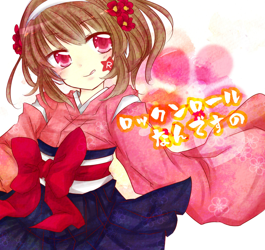 bow brown_hair copyright_request flower hair_flower hair_ornament highres japanese_clothes kimono licking_lips red_eyes solo sorakase_sawa tongue tongue_out