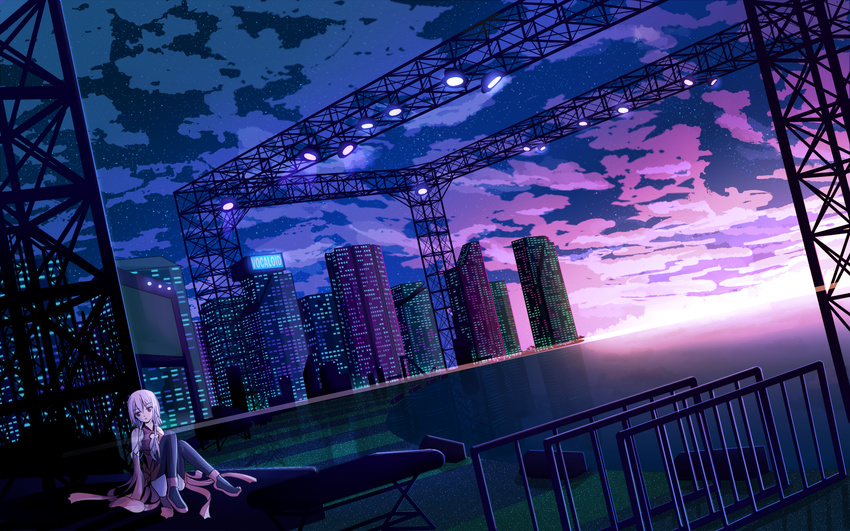 black_legwear center_opening cityscape cloud cloudy_sky guilty_crown highres langjiao pink_hair red_eyes scenery sitting sky solo star_(sky) sunset thighhighs yuzuriha_inori