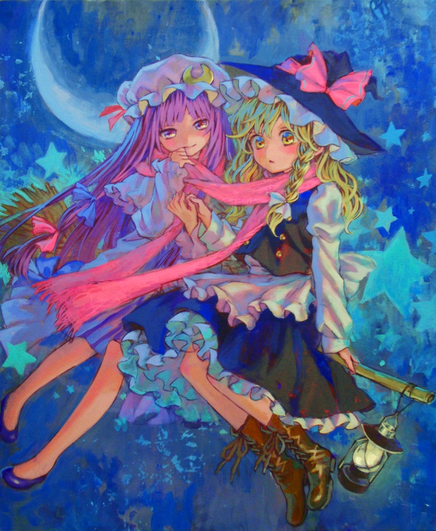 acrylic_paint_(medium) ama-tou blonde_hair bow braid broom crescent dress full_body hair_bow hat highres kirisame_marisa lamp long_hair multiple_girls multiple_riders no_socks patchouli_knowledge purple_eyes purple_hair revision scarf shared_scarf side_braid sidesaddle sitting smile star touhou traditional_media witch_hat yellow_eyes