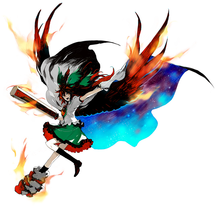 arm_cannon black_legwear bow brown_hair hair_bow highres kneehighs long_hair looking_at_viewer minakata_sunao mismatched_footwear open_mouth reiuji_utsuho solo touhou weapon wings yellow_eyes