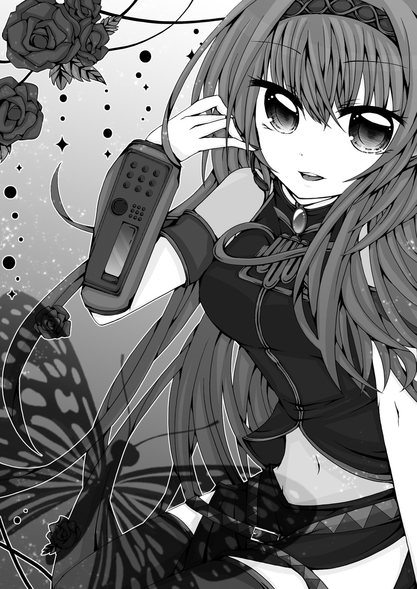 absurdres bug butterfly flower greyscale highres insect long_hair megurine_luka monochrome rose solo sorakase_sawa thighhighs vocaloid