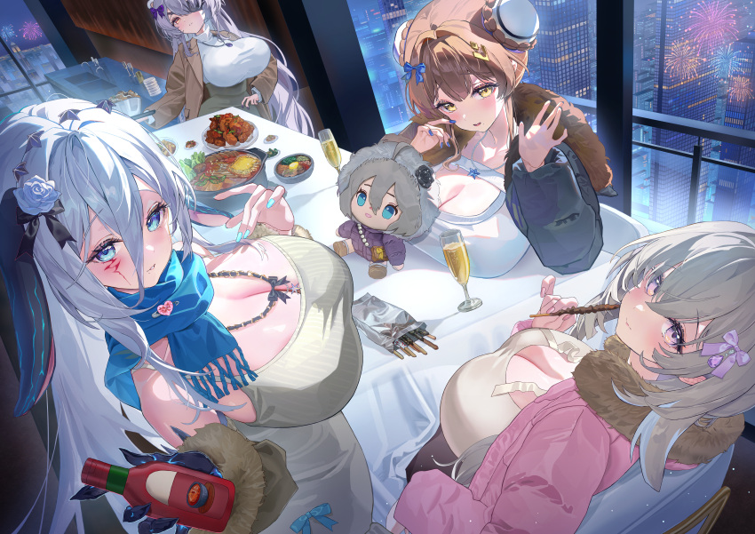 4girls a999212 absurdres alcohol animal_ears bare_shoulders blue_eyes blue_nails blush bottle breasts brown_hair champagne chaos_zero_nightmare character_doll city cleavage coat cup doll double_bun drinking_glass fireworks food grey_hair hair_bun hair_ornament hands_up highres holding holding_bottle holding_food huge_breasts indoors jewelry khalipe_(chaos_zero_nightmare) large_breasts long_hair looking_at_viewer mole mole_under_mouth multiple_girls narja_(chaos_zero_nightmare) necklace one_eye_covered parted_lips pink_nails purple_eyes renoa_(chaos_zero_nightmare) scarf sereniel_(chaos_zero_nightmare) sideboob stuffed_toy sweater table white_hair winter_clothes winter_coat yellow_eyes yuki_(chaos_zero_nightmare)