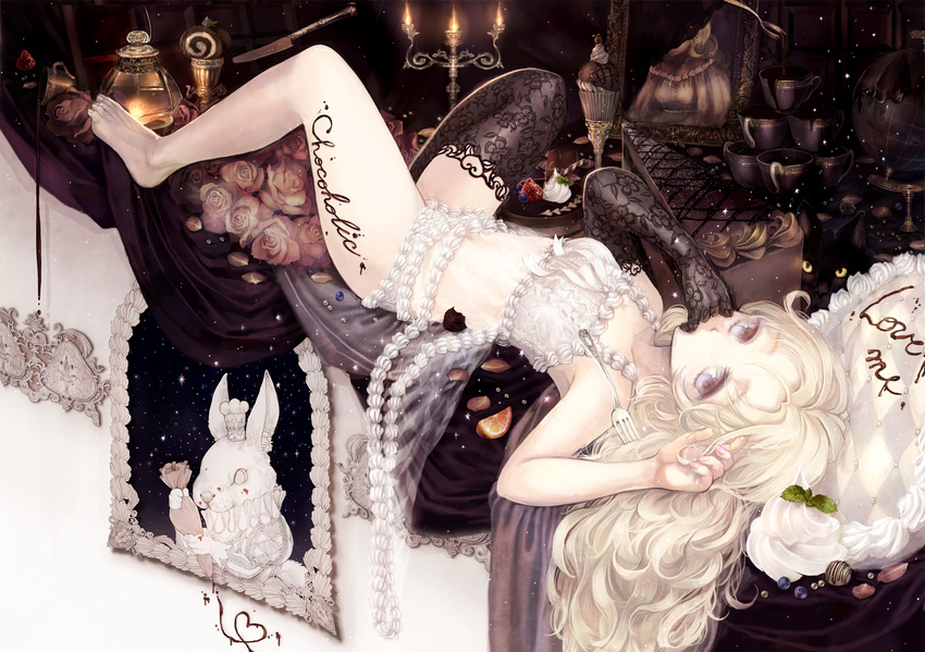 asymmetrical_clothes bad_id bad_pixiv_id barefoot blonde_hair blueberry bunny cake candle cat chef chocolate cream cup elbow_gloves english face feet fingernails flat_chest flower food fork frame fruit globe gloves hands hat highres ice_cream knife lace lace_gloves lace_legwear lingerie long_hair lying nail_polish namari_iro on_back orange original petals photo_(object) pie pink_flower pink_rose plant purple_eyes revision rose single_elbow_glove single_glove single_thighhigh solo spilling spoon strawberry thighhighs toenails underwear wavy_hair