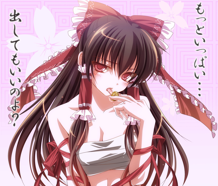 arm_ribbon blush bow breasts brown_hair cleavage coin flower hair_bow hair_tubes hakurei_reimu highres large_bow licking long_hair looking_at_viewer medium_breasts moneti_(daifuku) red_eyes ribbon saliva sarashi solo tongue tongue_out touhou translated upper_body