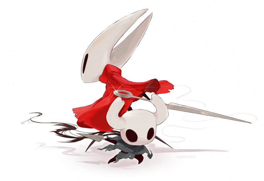 1girl 1other artist_name back-to-back ben-day_dots black_eyes chinese_commentary cloak commentary_request film_grain full_body grey_cloak highres hightguy holding holding_weapon hollow_knight hollow_knight:_silksong hornet_(hollow_knight) horns knight_(hollow_knight) nail_(hollow_knight) needle_(hollow_knight) red_cloak screentones shadow simple_background tendril tendrils_from_back thread weapon white_background