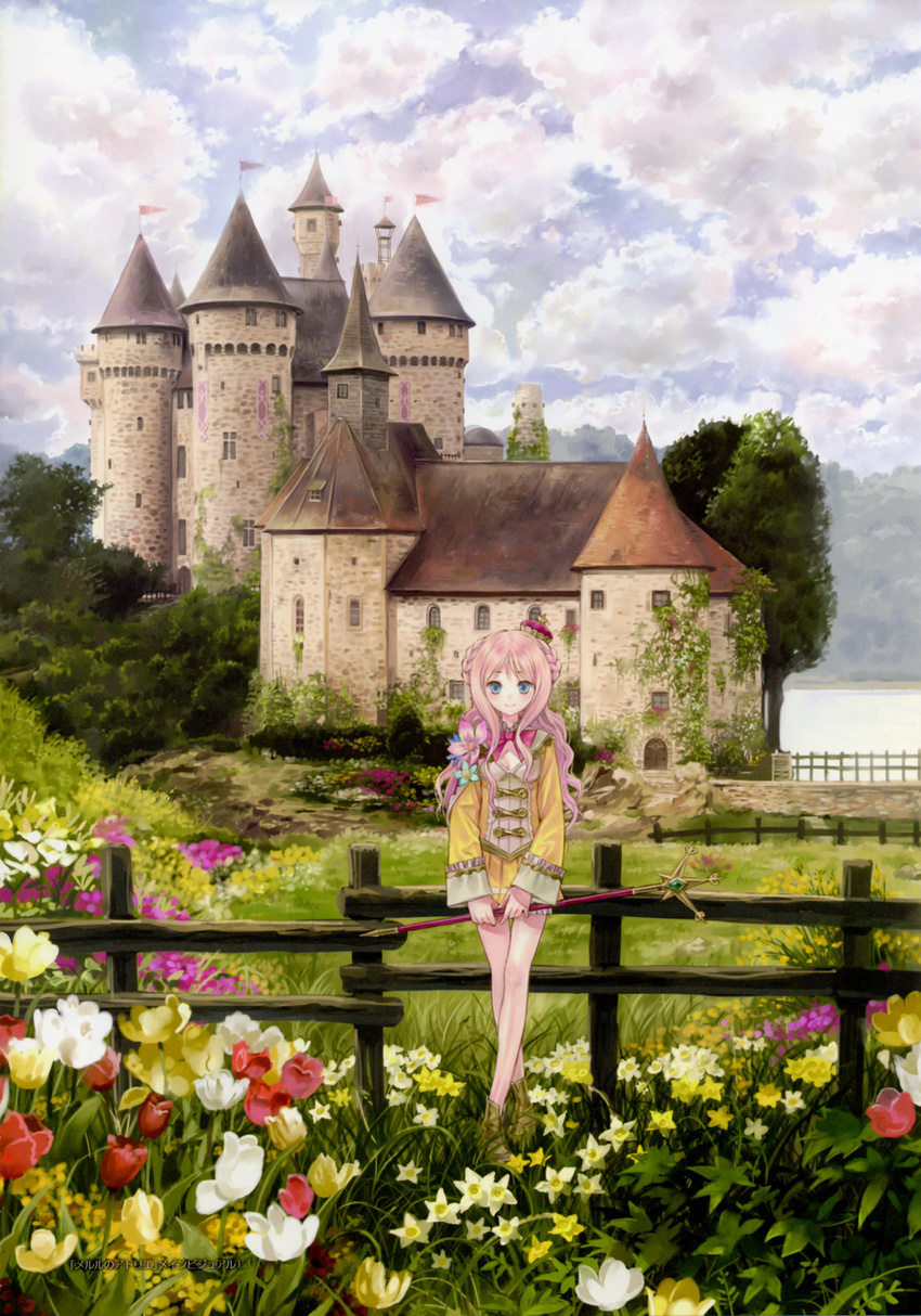 absurdres atelier_(series) atelier_meruru bangs banner bare_legs blue_eyes bow braid building bush castle cloud cloudy_sky crossed_legs crown daffodil door dress fence flag flower flower_ornament frilled_dress frilled_shirt_collar frilled_sleeves frills grass half_updo highres holding holding_staff ivy kishida_mel leaf long_hair long_sleeves looking_at_viewer meadow merurulince_rede_arls mini_crown nature no_socks outdoors pennant pink_hair plant ribbon scenery shoes short_dress sky smile solo spire staff standing tilted_headwear tower tree tulip water watson_cross wavy_hair wide_shot window wooden_fence yellow_dress