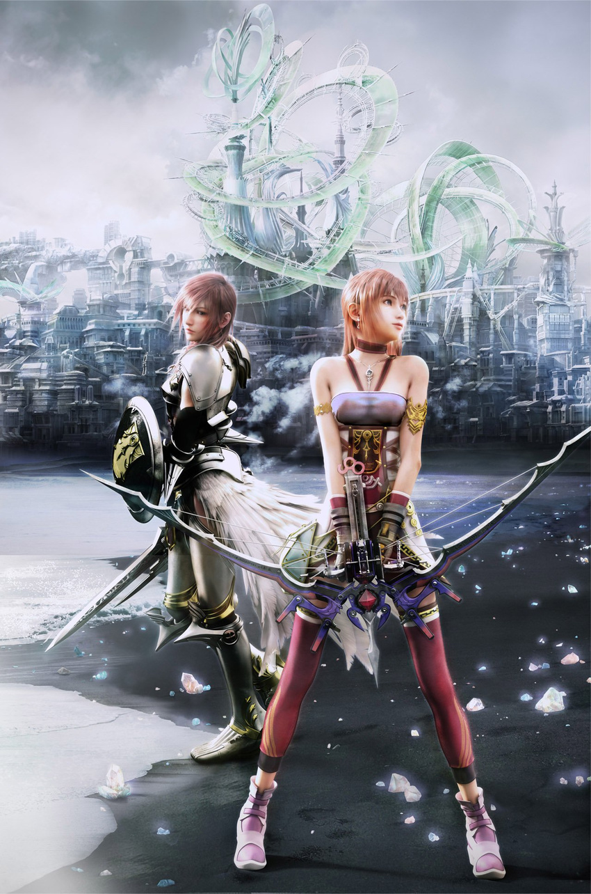 2girls 3d armor bow_(weapon) breastplate building crossbow earrings farron feathers final_fantasy final_fantasy_xiii final_fantasy_xiii-2 highres jewelry lightning_farron long_hair multiple_girls necklace nipples nude nude_filter official_art photoshop pink_hair serah_farron shield siblings sisters sword weapon