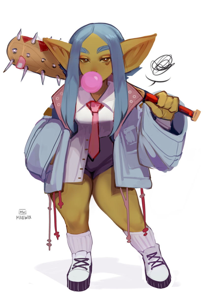 1girl absurdres artist_name bangs black_shorts blue_hair blue_jacket brown_eyes bubble_blowing chewing_gum club_(weapon) colored_skin commentary contrapposto drawstring female_goblin full_body goblin green_skin hand_in_pocket highres jacket large_ears legs_apart long_hair long_sleeves looking_at_viewer maewix_(artist) necktie open_clothes open_jacket original over_shoulder parted_bangs photo-referenced pointy_ears red_necktie rissma_(maewix) shirt shirt_partially_tucked_in short_shorts shorts simple_background solo spiked_club squiggle standing symbol-only_commentary thick_eyebrows weapon weapon_over_shoulder white_background white_shirt wide_sleeves