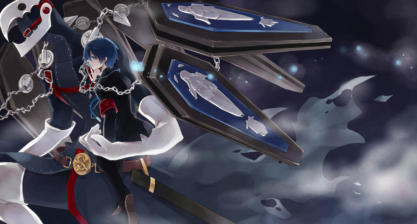 armband bad_id bad_pixiv_id blue_eyes blue_hair bow bug butterfly chain digital_media_player headphones highres insect kaguya_ame male_focus persona persona_3 ribbon school_uniform solo thanatos yuuki_makoto