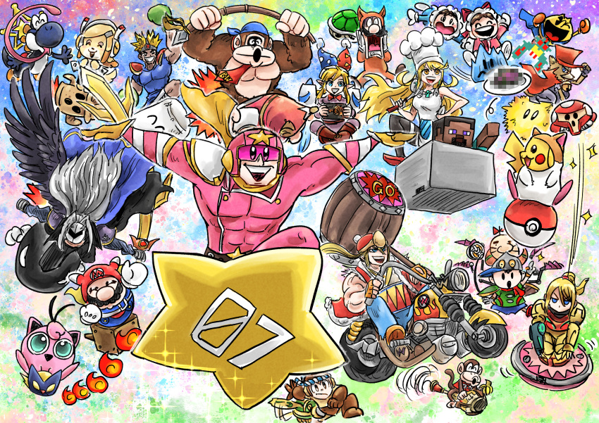 6+boys animal_crossing armor bad_food bandana bandana_waddle_dee bandana_waddle_dee_(cosplay) blonde_hair blue_bandana blue_cape bombchu boss_galaga boxing_gloves bullet_bill cape captain_falcon chef_hat chef_kawasaki chef_kawasaki_(cosplay) commentary_request cosplay daroach daroach_(cosplay) diddy_kong donkey_kong donkey_kong_(series) doseisan fatal_fury fox_mccloud freezie furry furry_female galaga gorilla green_shell_(mario) gust_bellows_(zelda) gyroid_(animal_crossing) hakama hammer hat helmet highres holding holding_hammer holding_ladle holding_sword holding_weapon ice_climber isabelle_(animal_crossing) japanese_clothes jester_cap jigglypuff kicdon king_dedede king_dedede_(cosplay) kirby kirby_(cosplay) kirby_(series) kirby_air_ride kirby_air_riders knuckle_joe knuckle_joe_(cosplay) ladle link little_mac long_tongue luigi mario mario_(series) marx_(kirby) marx_(kirby)_(cosplay) mega_man_(character) mega_man_(series) meta_knight meta_knight_(cosplay) metroid minecraft mother_(series) multiple_boys mythra_(massive_melee)_(xenoblade) mythra_(xenoblade) nana_(ice_climber) necktie ness_(mother_2) pac-man pac-man_(game) pauldrons pikachu poke_ball pokemon pokemon_(creature) polearm popo_(ice_climber) punch-out!! rayman_limbs red_necktie rick_(kirby) rick_(kirby)_(cosplay) samus_aran sandbag sandbag_(smash_bros) scarfy scarfy_(cosplay) sephiroth shoulder_armor single_wing sparkle spear star_(symbol) star_fox steve_(minecraft) super_smash_bros. susie_(kirby) susie_(kirby)_(cosplay) sword taranza taranza_(cosplay) terry_bogard the_legend_of_zelda tongue warp_star weapon wings xenoblade_chronicles_(series) xenoblade_chronicles_2 yoshi