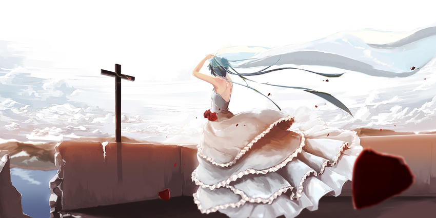 back bad_id bad_pixiv_id bridal_veil broken_wall cloud cross dress formal hatsune_miku haz_first_music long_hair sky solo strapless strapless_dress veil very_long_hair vocaloid wedding_dress