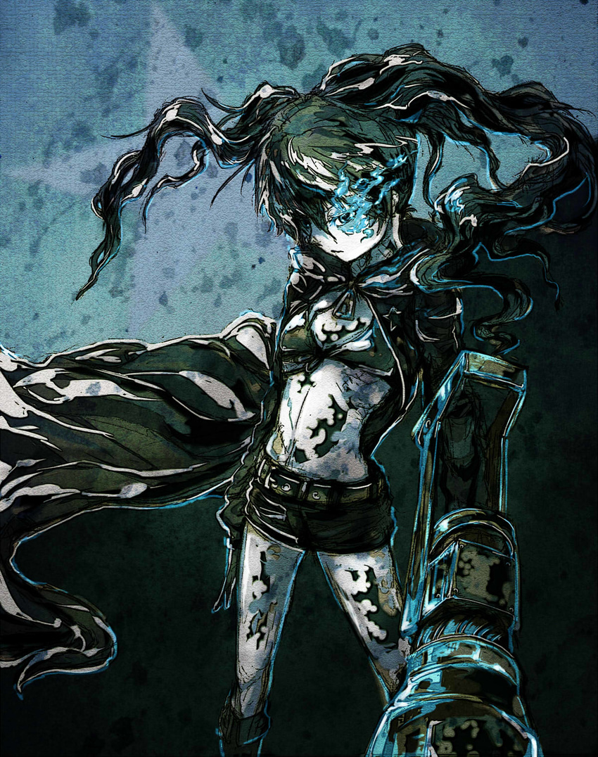 arm_cannon bad_id bad_pixiv_id black_hair black_rock_shooter black_rock_shooter_(character) blue_eyes blue_fire fire highres hood hoodie midriff pale_skin scar shorts solo twintails weapon yorugao