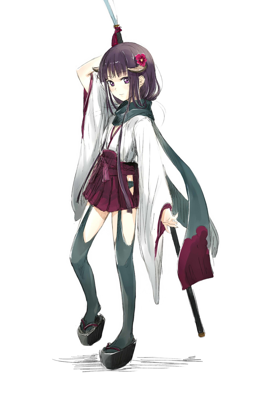 absurdres black_hair black_legwear flower gou_(double_trigger) hair_flower hair_ornament highres horns inu_x_boku_ss long_hair naginata polearm purple_eyes sandals scarf shirakiin_ririchiyo solo spear thighhighs weapon