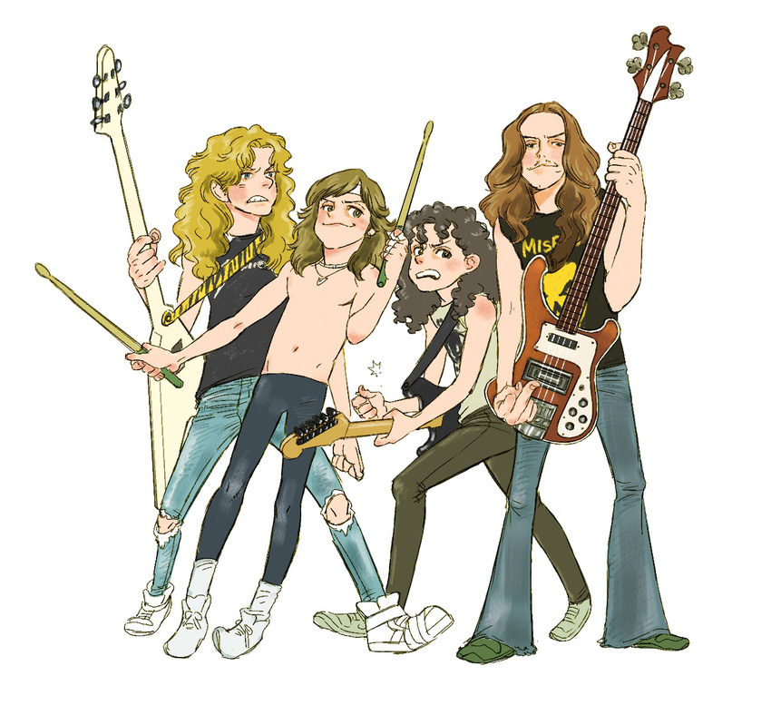 80s band bandana bass_guitar blonde_hair brown_hair buttercup cliff_burton denim drumsticks facial_hair guitar heavy_metal instrument james_hetfield jeans kirk_hammet lars_ulrich long_hair metallica multiple_boys mustache oldschool pants parody rickenbacker shirtless shoes sneakers